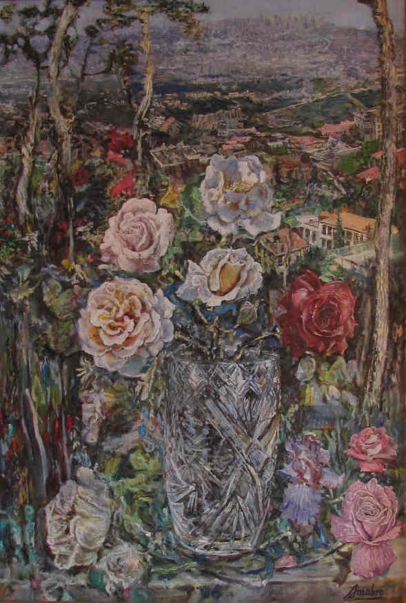 Flowers, View Of Beirut From Brummana High School Oil on canvas 24in x 36in